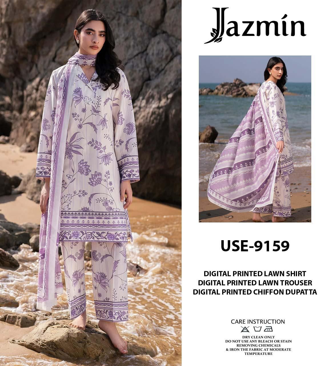 JAZMIN USE-9159 Embroidered Lawn Suit with Chiffon Dupatta – Premium Summer Collection