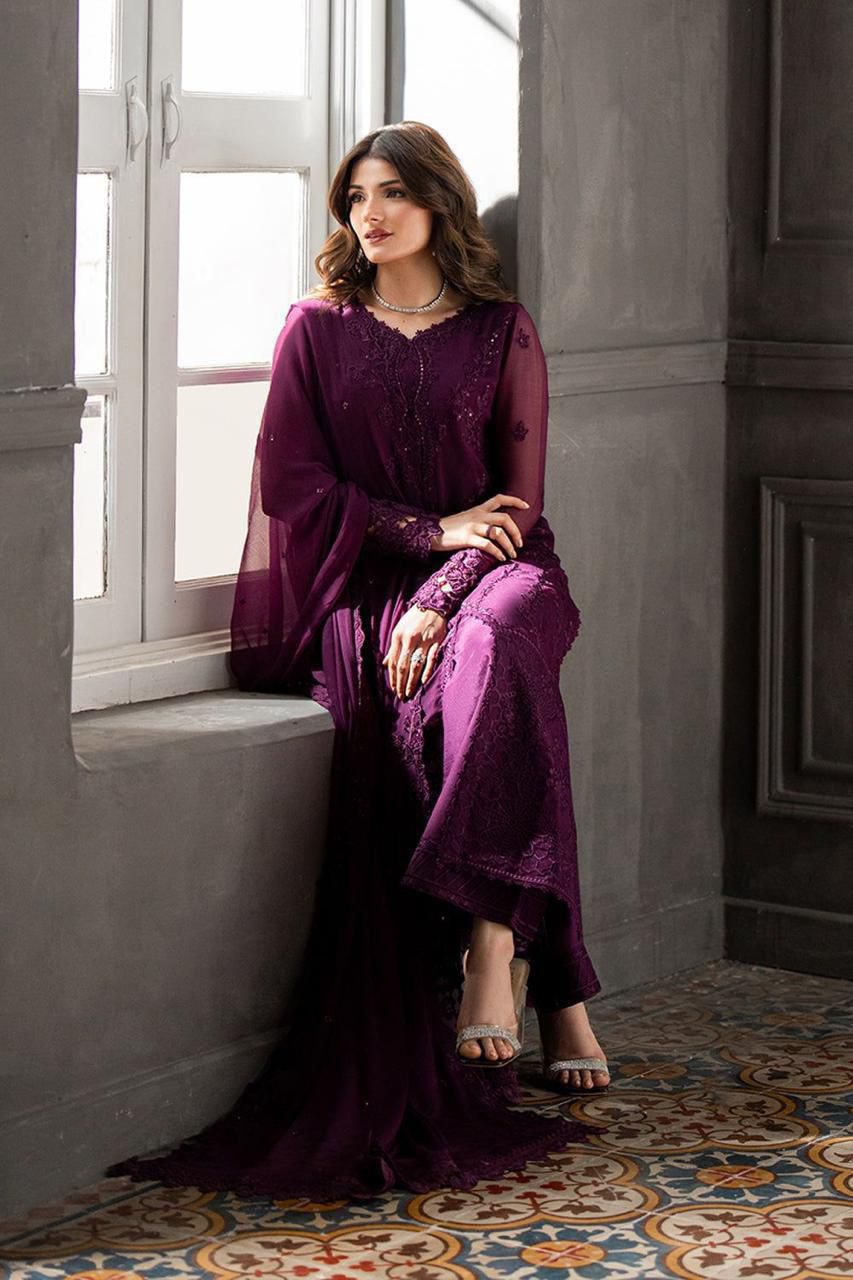 Azure Chiffon Embroidered 3PC Suit – Luxury Unstitched Collection with Shamoz Silk Trouser