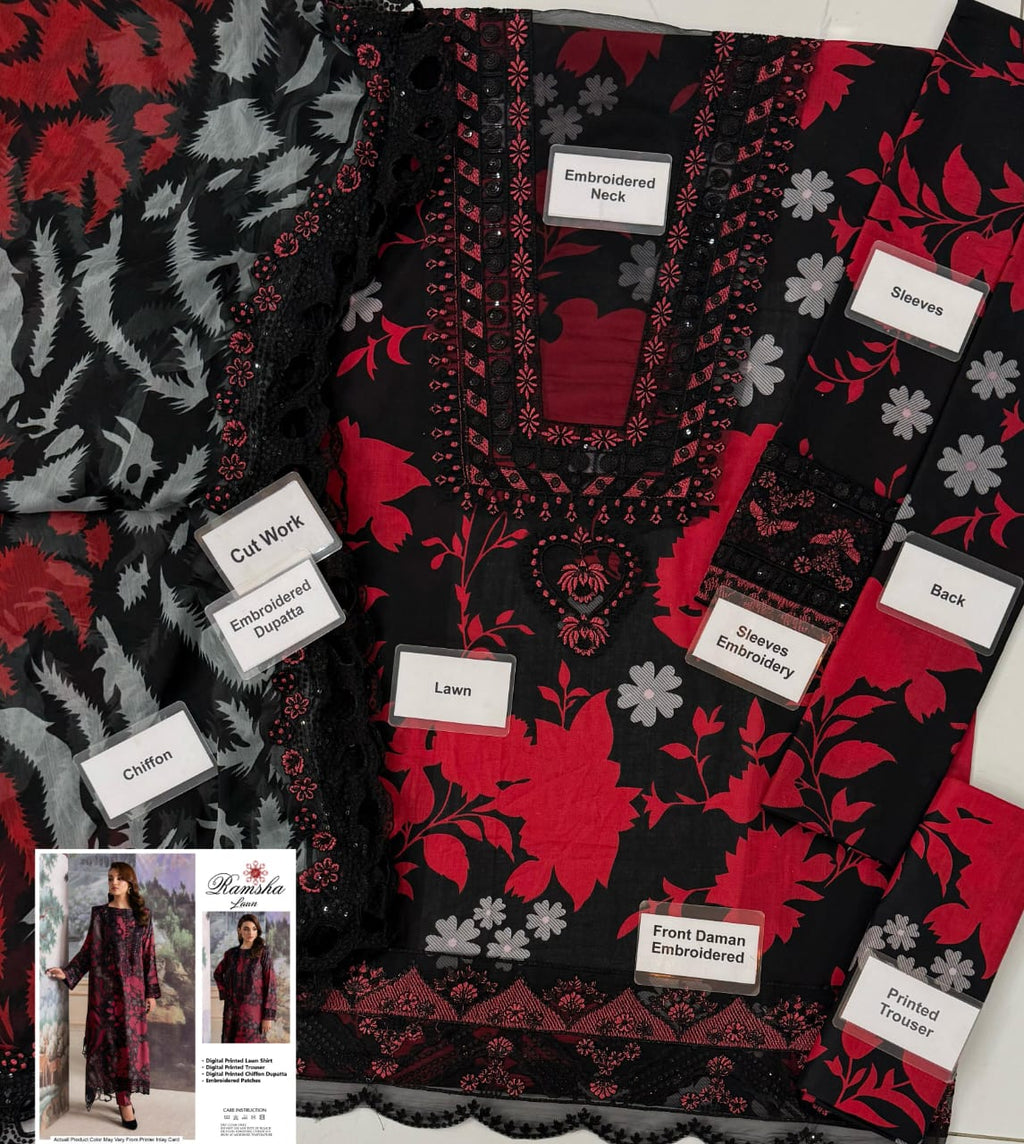 Ramsha JR-503 Lawn 3PC Suit – Embroidered Sequence Work with Chiffon Dupatta