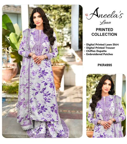 Aneela’s Collection Purple Lilac 9mm Lawn 3PC Suit – Sequins Embroidered with Chiffon Dupatta