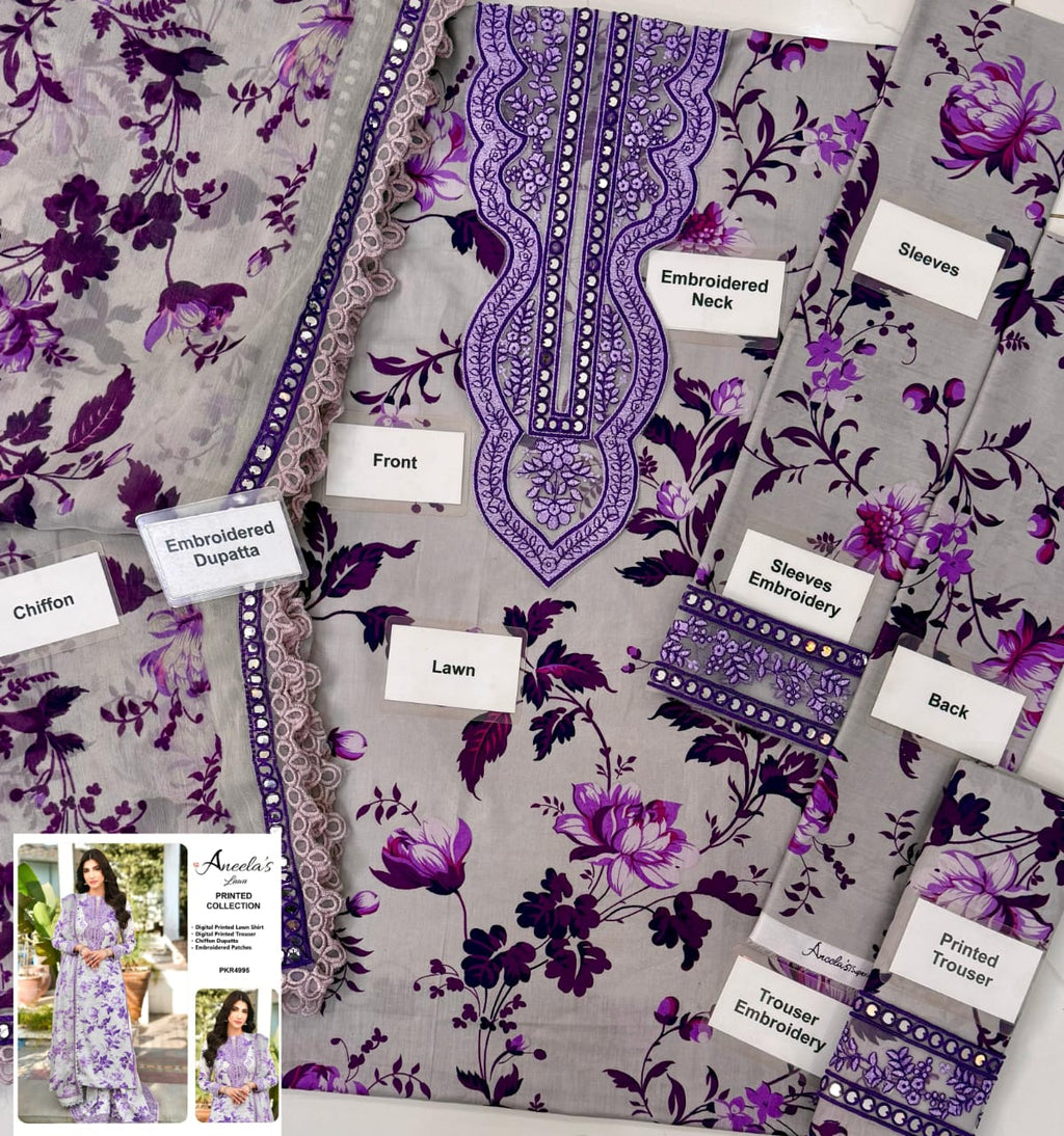 Aneela’s Collection Purple Lilac 9mm Lawn 3PC Suit – Sequins Embroidered with Chiffon Dupatta