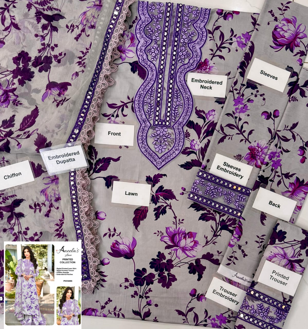 Aneela’s Collection Purple Lilac 9mm Lawn 3PC Suit – Sequins Embroidered with Chiffon Dupatta