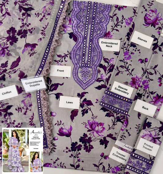Aneela’s Collection Purple Lilac 9mm Lawn 3PC Suit – Sequins Embroidered with Chiffon Dupatta