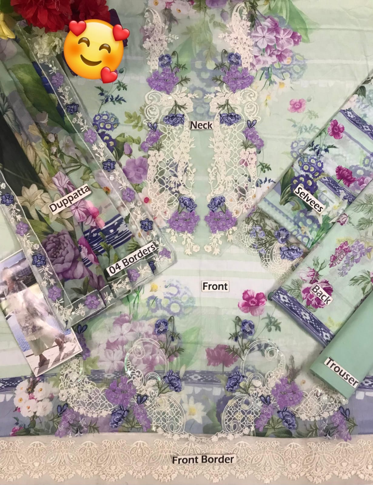 Printed Lawn 3PC Suit with Embroidered Details – Silk Dupatta with Cutwork Borders