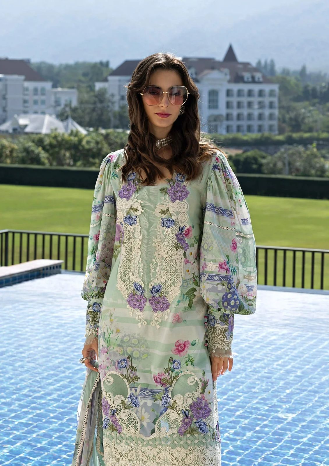 Printed Lawn 3PC Suit with Embroidered Details – Silk Dupatta with Cutwork Borders