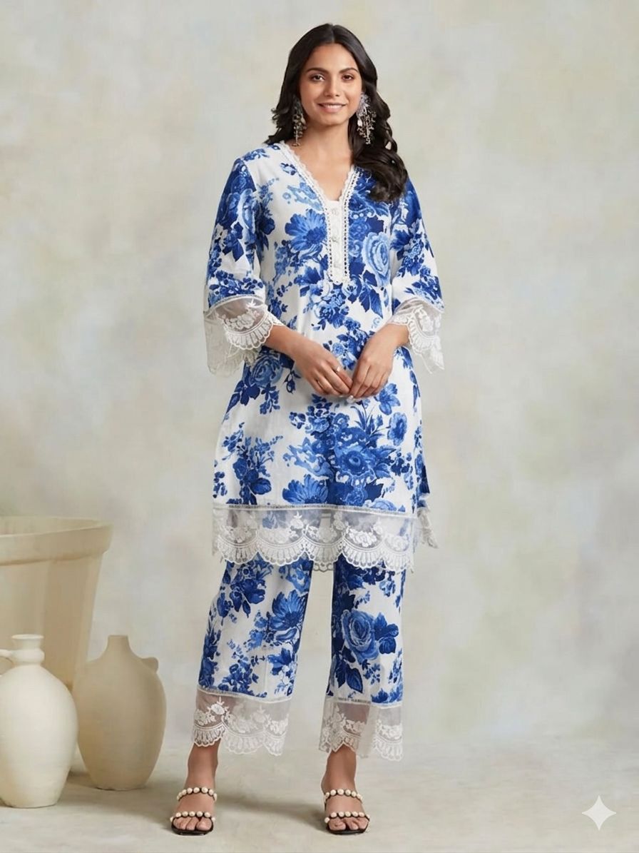 Blue - Luxury Printed Lawn Suit – Unstitched Replica with Chiffon Dupatta