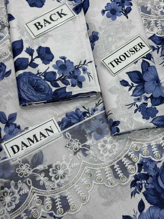 Blue - Luxury Printed Lawn Suit – Unstitched Replica with Chiffon Dupatta