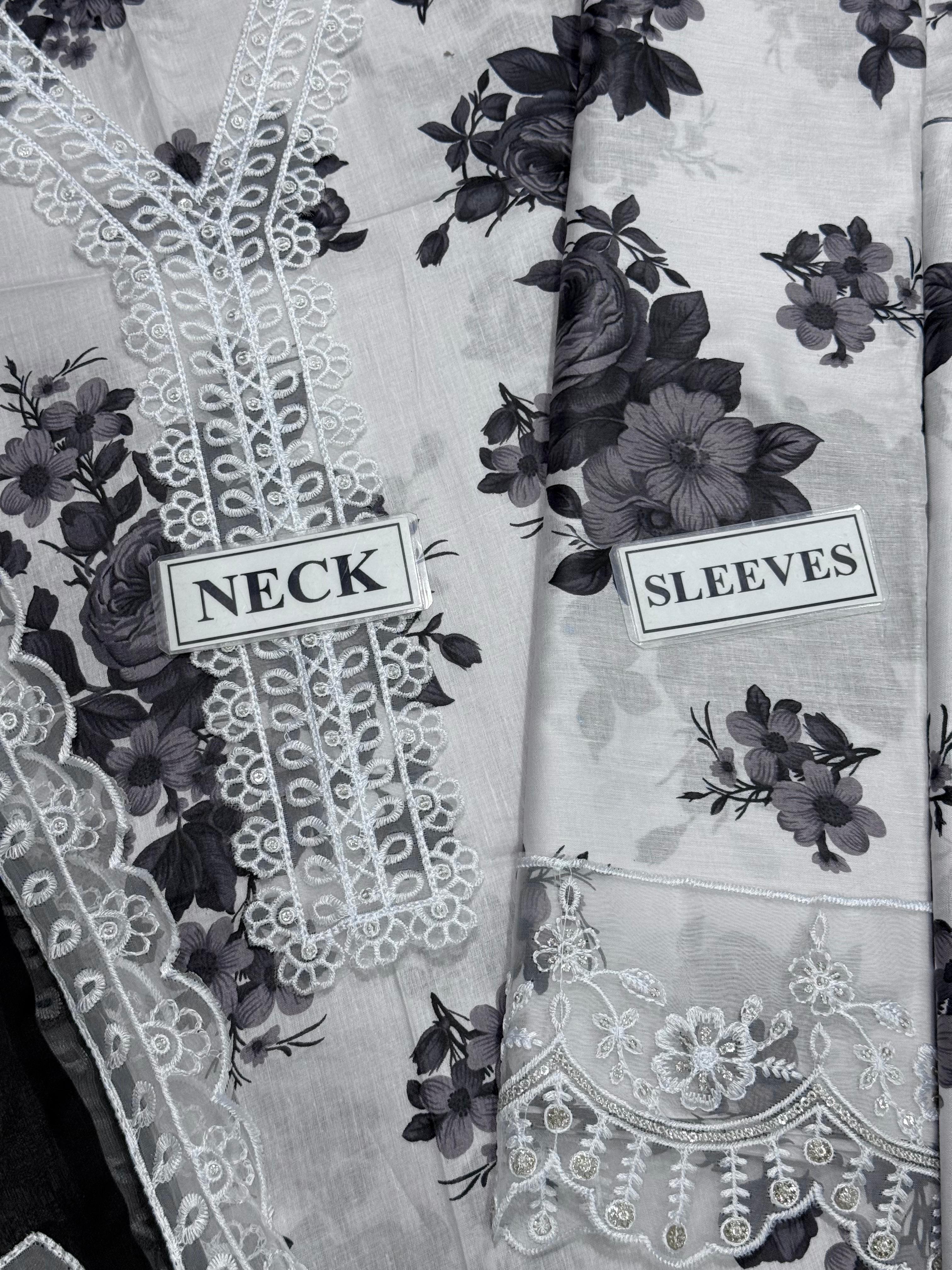 Black - Luxury Printed Lawn Suit – Unstitched Replica with Chiffon Dupatta