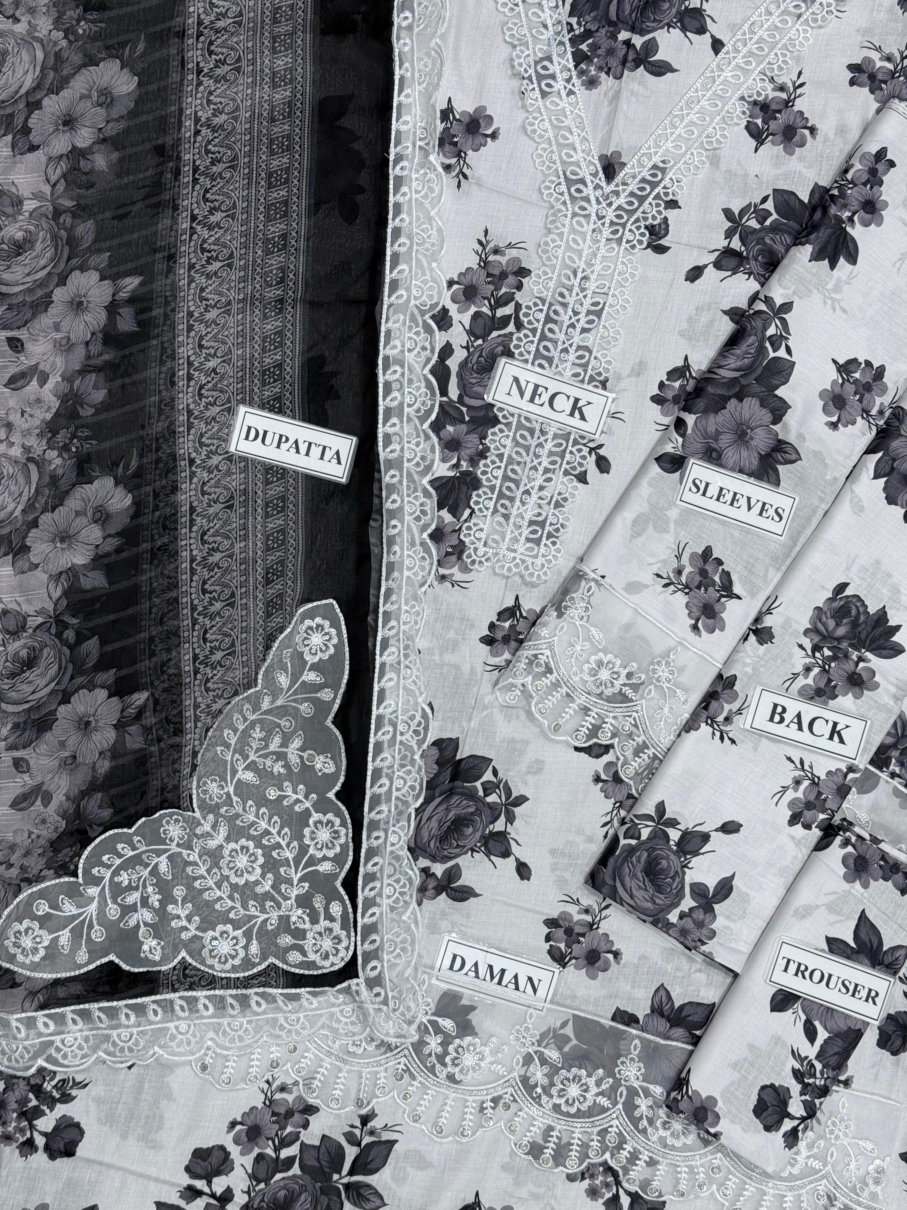 Black - Luxury Printed Lawn Suit – Unstitched Replica with Chiffon Dupatta