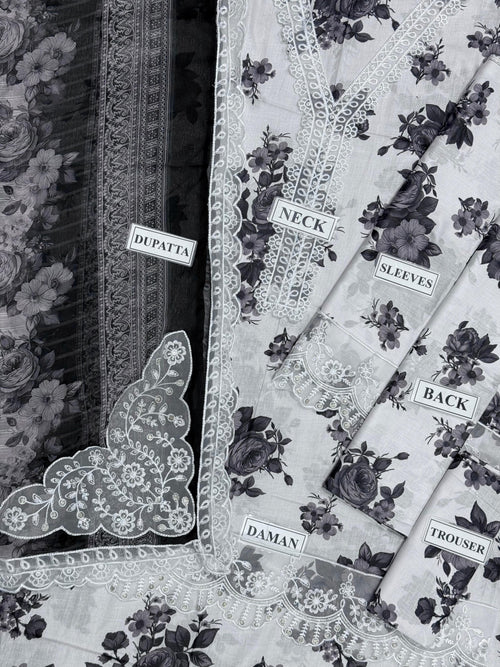 Black - Luxury Printed Lawn Suit – Unstitched Replica with Chiffon Dupatta