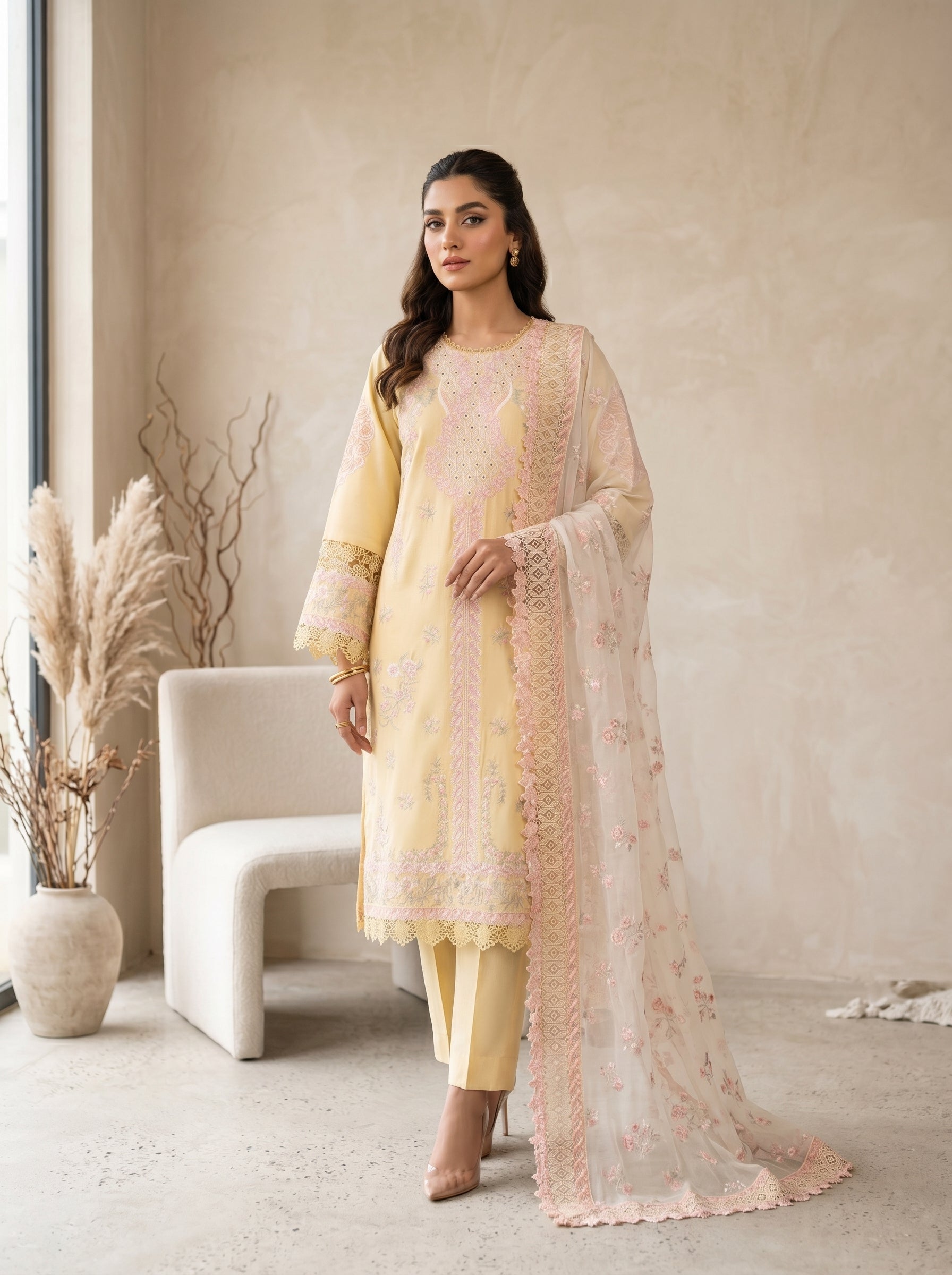 Marjjan Lawn Eid Collection 3PC Suit – Heavy Embroidered Chikenkari with Chiffon Dupatta