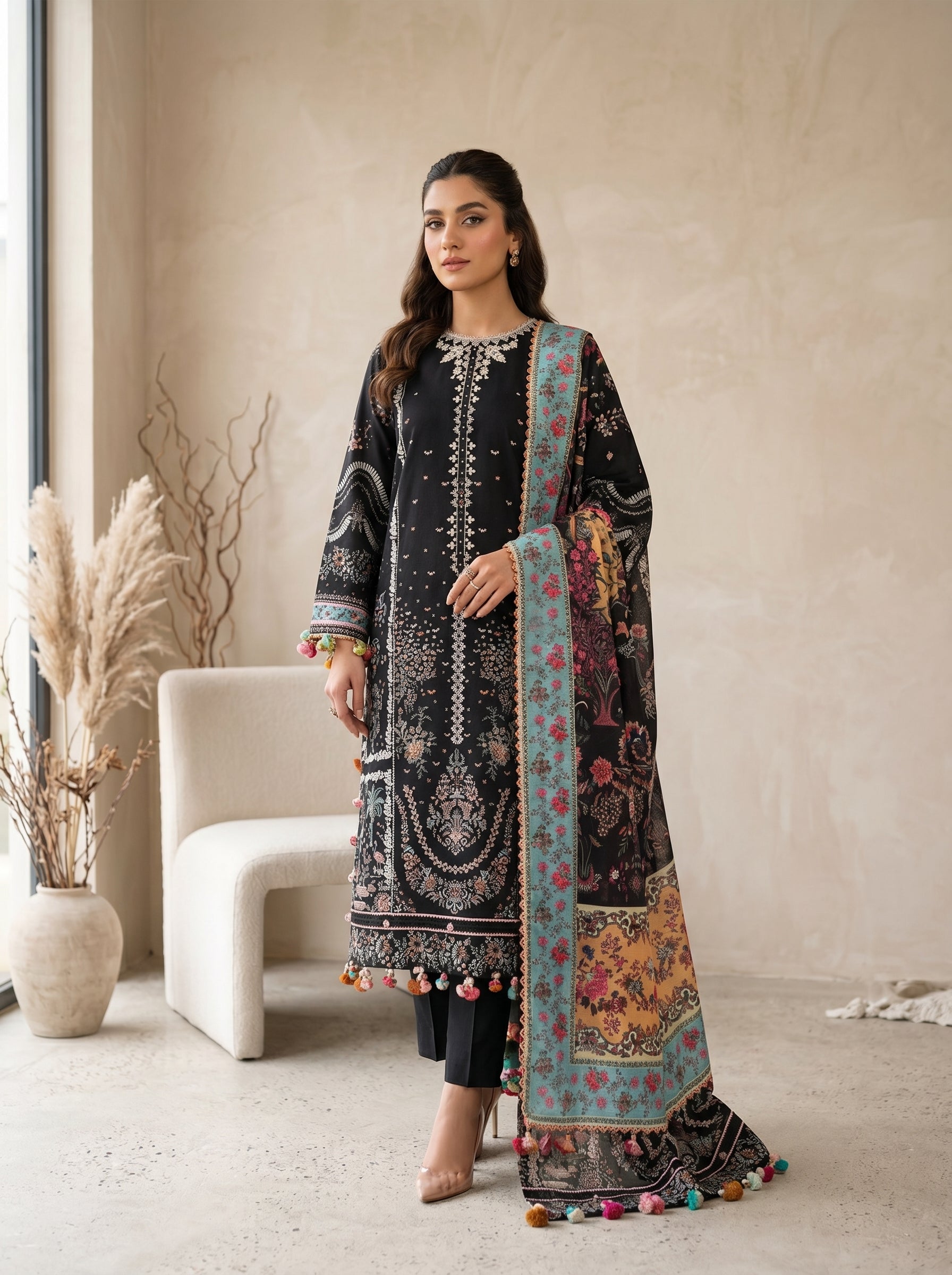 HUSSAIN REHAR Luxury Lawn Chicken Kari 3PC Suit – Festive Collection 2026 with Silk Dupatta